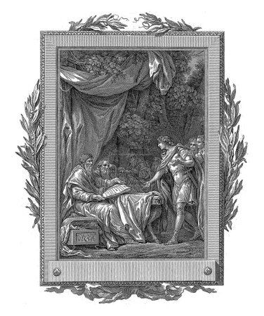 Téléchargez les photos : Télémaque debout devant Minos, Jean-Baptiste Tilliard, d'après Charles Monnet, 1785 Télémaque à droite, debout devant Minos, assis à une table avec un livre dans ses mains. - en image libre de droit