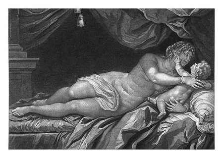 Téléchargez les photos : Vénus et Amor, Pieter Schenk (I), d'après Luca Giordano, 1670-1713 Vénus et Amor sont couchés nus sur un lit sous un auvent. - en image libre de droit