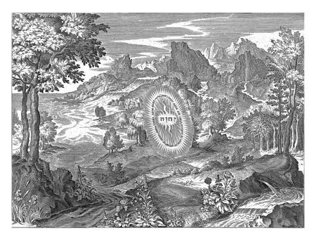 Téléchargez les photos : Création de la Terre, Johann Sadeler (I), d'après Maerten de Vos, 1639 Un paysage côtier avec Dieu le Père au centre sous la forme d'un tétragramme. - en image libre de droit