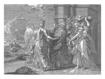 Téléchargez les photos : Lot quitte Sodome, anonyme, d'après Lucas Vorsterman (I), d'après Peter Paul Rubens, 1630 - 1702 Lot quitte Sodome avec sa femme et ses filles. Deux anges les accompagnent et leur montrent le chemin. - en image libre de droit