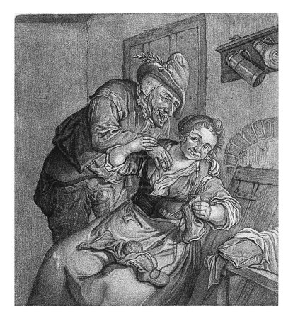 Foto de Feeling, Cornelis Dusart, 1670 - 1704 The Sense Feeling. Un hombre trata de manosear a una mujer tejedora. Ella se aleja de él. La impresión es parte de una serie de cinco grabados con los cinco sentidos. - Imagen libre de derechos