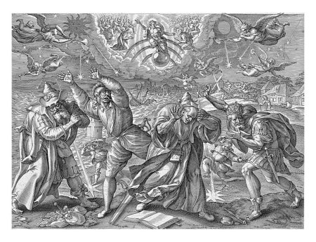 Foto de Fin del mundo, Jerónimo Wierix, después de Maerten de Vos, 1583 Cristo sentado en el arco iris, con las manos levantadas, durante el Juicio Final. - Imagen libre de derechos