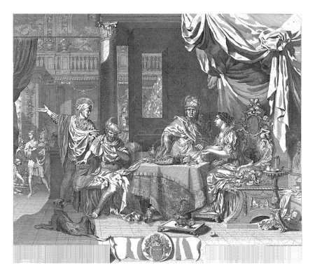 Foto de Ester y Amán ante el rey Asuero, Pieter van den Berge, después de Gerardo de Lairesse, c. 1694 - en o antes de c. 1737 La hermosa Ester está hablando con el rey persa Asuero. - Imagen libre de derechos