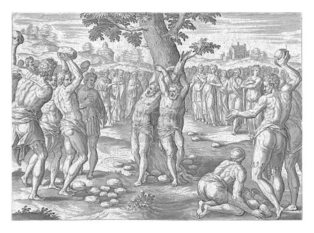 Foto de Lapidación de los ancianos, Hans Collaert, después de Maerten de Vos, 1579 Los dos en otros lugares están atados a un árbol y apedreados por la turba. - Imagen libre de derechos