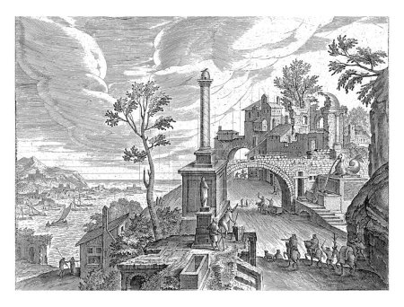 Photo for Landscape with Column and Ruins, Adriaen Collaert, after Hendrick van Cleve, 1587 In the foreground, a caravan passes by a ruin and a column on a pedestal. The sea in the background. - Royalty Free Image