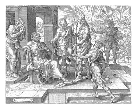 Foto de Job oye las malas noticias de cuatro mensajeros, Harmen Jansz Muller, después de Maarten van Heemskerck, 1643 - 1646 Job oye de cuatro mensajeros acerca de la travesura que le ha sucedido. - Imagen libre de derechos