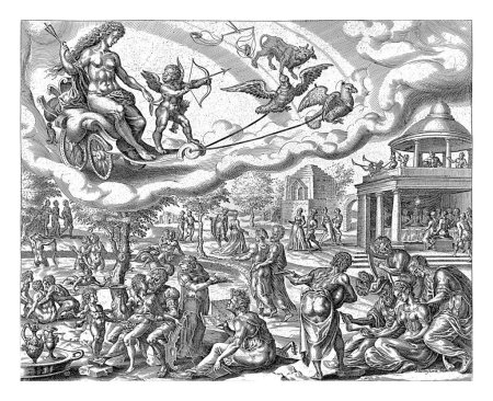 Foto de El planeta Venus y sus hijos, Harmen Jansz Muller, después de Maarten van Heemskerck, 1638 - 1646 Venus y Amor cabalgan en un carro en el cielo, dibujado por dos pájaros. - Imagen libre de derechos