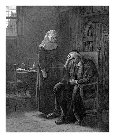 Foto de Vondel con su hija, Johann Heinrich Maria Hubert Rennefeld, después de Hendrik Albert van Trigt, 1860 - 1877 Joost van den Vondel se sienta pensativamente en una silla en una habitación. - Imagen libre de derechos