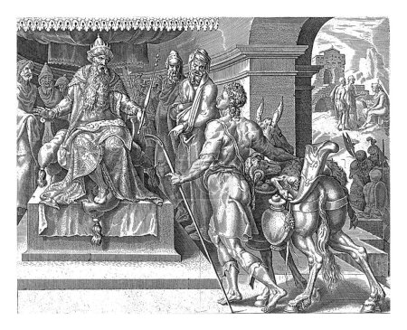 Foto de Saúl recibe a David en la corte, anónimo, después de Maarten van Heemskerck, 1555 - 1633 David está delante de Saúl, después de haber sido convocado por el rey debido a su buena reputación como arpista. - Imagen libre de derechos