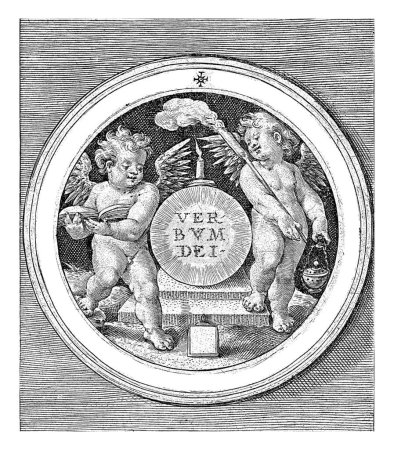 Photo for Medallion with two putti, Crispijn van de Passe (I), 1594 Medallion with two putti holding an open book and a burning torch and a censer. Between them in the series title in Latin. - Royalty Free Image