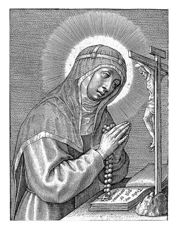 Photo for Saint Brigitta of Sweden, Hieronymus Wierix, 1563 - before 1619 Saint Brigitta of Sweden prays the rosary before a crucifix. She wears a habit with a hood and veil, a band over the forehead. - Royalty Free Image