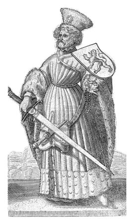 Foto de Retrato de Floris III, conde de Holanda, Adriaen Matham, 1620 Retrato de Floris III, conde de Holanda, de pie con los brazos de Holanda sobre su hombro y una espada en su mano. - Imagen libre de derechos