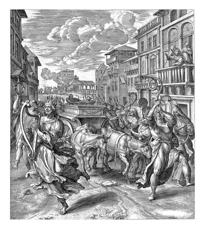 Foto de Arca de la Alianza Transferida a Jerusalén, Johannes Wierix, después de Maerten de Vos, 1582 - 1583 El rey David y los israelitas caminan delante del carro con el Arca de la Alianza. - Imagen libre de derechos
