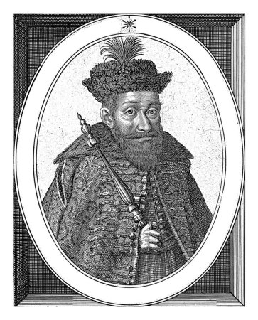 Téléchargez les photos : Portrait de Gabriel Bethlem, anonyme, 1612-1652 Gabriel Bethlem, prince de Transylvanie, tenant un sceptre dans sa main. Son portrait est encadré dans un cadre ovale avec son nom et ses titres. - en image libre de droit