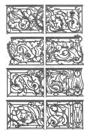Téléchargez les photos : Clôtures de balcon, Carl Albert von Lespilliez, d'après François de Cuvillies (Sr.), 1745 Huit clôtures de balcon en fer forgé ornées. - en image libre de droit