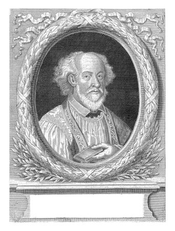 Foto de Retrato del pastor Anton Haeseck, Joannes van de Berg, 1600 - 1699 Retrato del pastor Anton Haeseck en marco oval con corona de laurel y ramas de olivo. - Imagen libre de derechos
