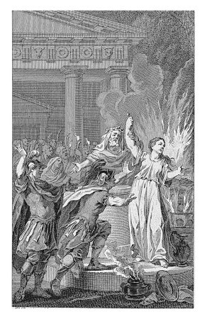 Foto de Mujer a punto de sacrificarse, Reinier Vinkeles (I), después de Jacobus Buys, 1769 En frente de un templo cerca de una columna de sacrificio, una mujer está a punto de hundir una daga en su propio pecho. - Imagen libre de derechos
