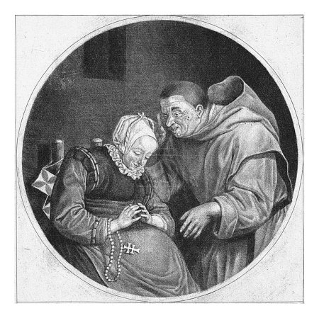 Foto de Confesión, Cornelis Dusart, 1670 - 1704 Un monje amonesta a una mujer sentada. Tiene un rosario en la muñeca. La impresión forma parte de una serie de seis grabados con monjes y monjas. - Imagen libre de derechos