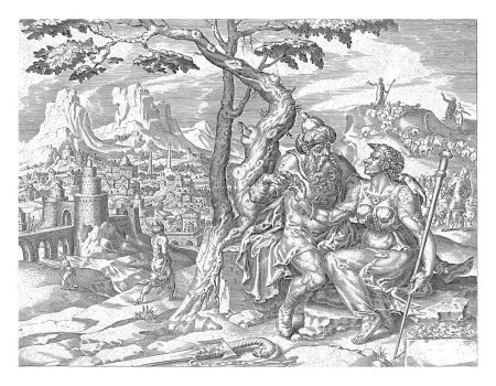 Foto de Judá le da a Tamar su anillo de sello, Harmen Jansz Muller, después de Maarten van Heemskerck, 1643 - 1646 Bajo un árbol se sienta el velado Tamar con su suegro Judá, - Imagen libre de derechos