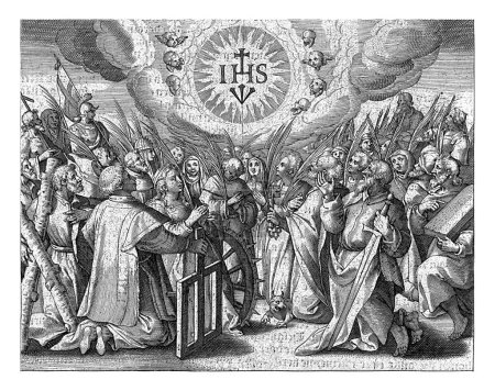 Foto de Escena de Todos los Santos, Jan Collaert (II), después de Maerten de Vos, 1597 Todos los santos del cristianismo se arrodillan ante el monograma de Cristo (IHS). La impresión tiene un título en latín - Imagen libre de derechos