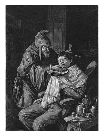 Téléchargez les photos : Médecin de village, Jacob Gole, d'après Cornelis Dusart, 1670-1724 Dans sa pratique, un médecin de village traite un jeune patient sur sa tête. Il s'assoit sur une chaise et tient un bol sous son menton. - en image libre de droit