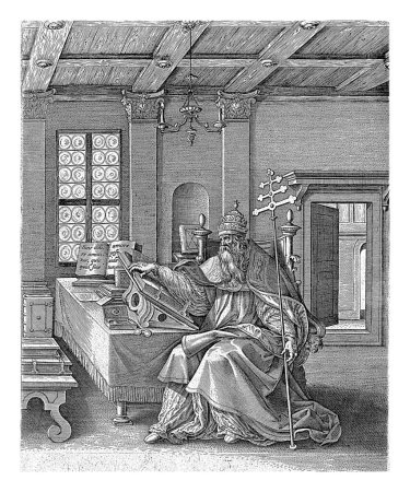 Téléchargez les photos : Saint Grégoire le Grand est assis à une table dans son bureau. Il feuillette un livre ouvert. Il porte les robes pontificales et la tiare, et tient la crosse pontificale. - en image libre de droit