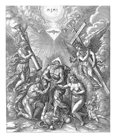 Foto de Alegoría de la redención de la humanidad, Hieronymus Wierix, 1563 - antes de 1573 Cristo pisotea el diablo y la muerte y libera a Adán y Eva de sus cadenas. - Imagen libre de derechos
