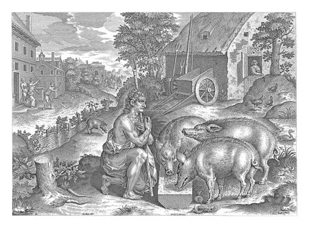Foto de El hijo pródigo como rebaño de cerdos, anónimo, después de Hans Collaert (I), después de Crispijn van den Broeck, 1630 - 1702 El hijo pródigo ha desperdiciado su herencia y trabaja para un granjero como rebaño de cerdos. - Imagen libre de derechos