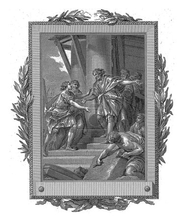 Foto de Telémaco y Mentor recibidos por Idomeneo en Salento, Jean-Baptiste Tilliard, después de Charles Monnet, 1785 En la parte superior de las escaleras de un palacio en construcción, Idomeneo está de pie con los brazos abiertos. - Imagen libre de derechos