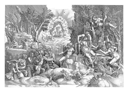 Téléchargez les photos : Céphalus et les dieux de la forêt déplorent la mort de Procris, Giorgio Ghisi, d'après Giulio Romano, 1530-1582 Céphalus est assis dans un paysage avec le corps du mort Procris dans ses bras. - en image libre de droit