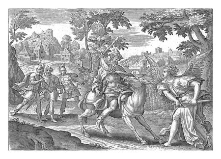 Téléchargez les photos : Balaam et l'âne, Maerten de Vos, 1585 Balaam exhorte son âne à continuer à monter et la bat avec un club, mais elle est arrêtée par un ange avec une épée. - en image libre de droit