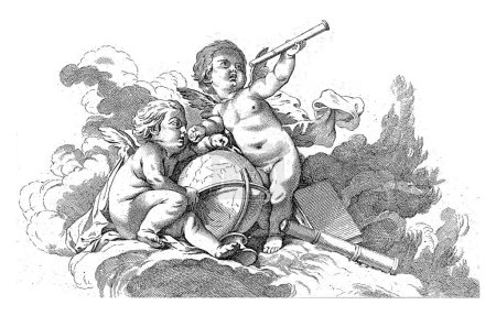 Photo for Astronomy, Georg Leopold Hertel, after Francois Boucher, 1750 - 1778 Allegory of astronomy. Two putti with telescopes and a globe. - Royalty Free Image
