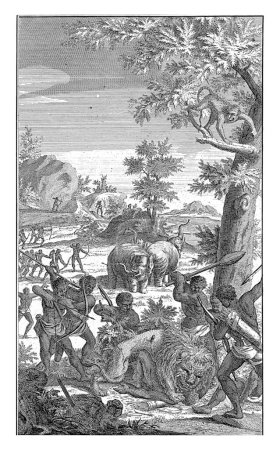 Téléchargez les photos : Chasse aux animaux sauvages par le Khoi, Abraham Zeeman, 1727 Khoi chasse un lion et deux éléphants. - en image libre de droit