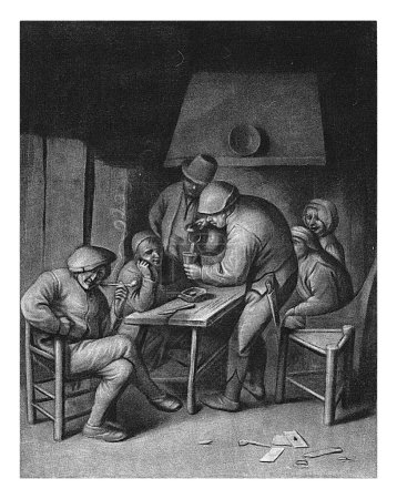 Foto de Posada del granjero, Jacob Gole, después de Adriaen van Ostade, 1670 - 1724 Interior de una posada con seis figuras alrededor de una mesa junto a una chimenea. Uno de los hombres fuma una pipa mientras otro sirve un vaso de cerveza.. - Imagen libre de derechos