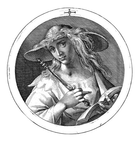 Foto de European Sibyl, Crispijn van de Passe (I), 1601 Busto del sibilo europeo. Ella sostiene un libro abierto en su mano izquierda y un cetro en su mano derecha. - Imagen libre de derechos