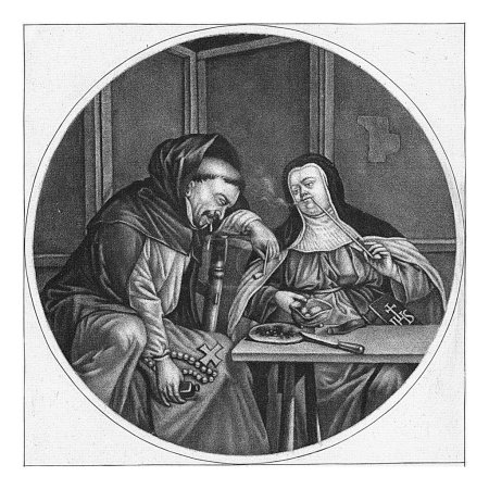Téléchargez les photos : Moine ivre et religieuse fumeuse, Cornelis Dusart, 1670-1704 Un moine ivre et une religieuse fumeuse de pipe sont assis à une table. L'estampe fait partie d'une série de six estampes avec des moines et des religieuses. - en image libre de droit