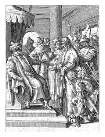 Foto de Cristo ante Pilato, Antonie Wierix (II), después de Maerten de Vos, 1583 - 1587 Cristo es llevado ante Pilato por soldados armados. Pilato se sienta en su trono y le pregunta si es el rey de los judíos. - Imagen libre de derechos