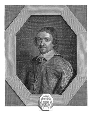 Foto de Retrato de Victor Bouthillier, Robert Nanteuil, después de Philippe de Champaigne, 1651 Retrato de Victor Bouthillier, arzobispo de Tours, en un marco octogonal con un escudo de armas en la parte inferior. - Imagen libre de derechos