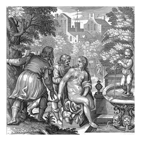 Photo for Susanna and the Elders, Nicolaes van Geelkercken, after Pieter Feddes van Harlingen, 1596 - 1623 Susanna at a fountain. She is attacked by two elders while bathing and tries to stop them. - Royalty Free Image