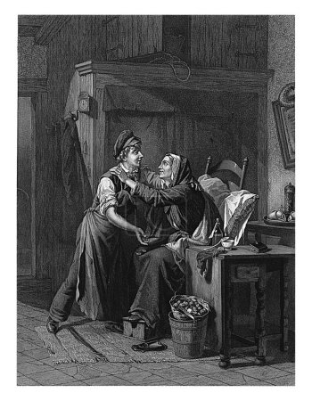 Téléchargez les photos : Un jeune homme montre une poignée de pièces à une femme assise, Hendrik D. Jzn Sluyter, d'après Moritz Calisch, 1865-1879 Dans un intérieur paysan, une femme âgée est assise sur une chaise. - en image libre de droit