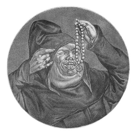 Téléchargez les photos : Moine avec collier de perles, Jacob Gole, d'après Cornelis Dusart, 1693 - 1700 Un moine comme guérisseur. Il a un collier de perles à la main et des anneaux sur les doigts. - en image libre de droit