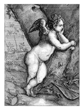 Téléchargez les photos : Amor Musing by a Tree Trunk, Paulus Moreelse, d'après Titien, 1581-1638 Amor s'appuie musicalement contre un tronc d'arbre, la main sous le visage. - en image libre de droit
