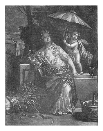 Foto de Zomer, Jan Broedelet, después de Gerard Hoet (I), 1690 - 1700 Representación alegórica del verano. Una mujer con el pecho desnudo se sienta en un banco a la sombra de la sombrilla que sostiene un putto sobre ella. - Imagen libre de derechos