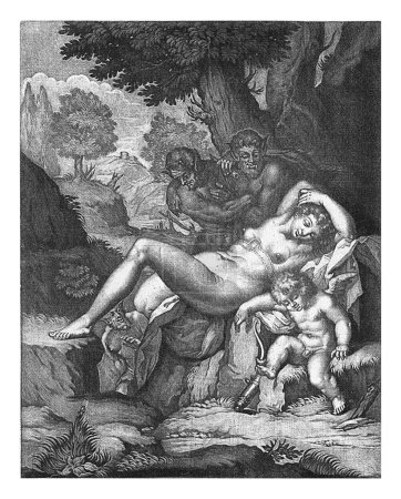 Téléchargez les photos : Vénus et Amor espionnés par des satyres, Pieter Schenk (I), 1670-1713 Vénus et Amor dorment nus sous un arbre et sont espionnés par trois satyres. - en image libre de droit