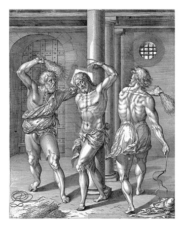 Foto de Flagelación de Cristo, Jerónimo Wierix, 1563 - antes de 1614 Cristo, atado a un pilar en una mazmorra, es azotado por dos soldados. En el margen una leyenda de dos líneas en latín. - Imagen libre de derechos