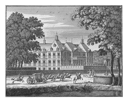 Téléchargez les photos : Palais Honselaarsdijk obliquement de l'avant, Carel Allard (attribué à), 1689 - 1702 Vue du palais Honselaarsdijk. Une voiture passe devant le palais. - en image libre de droit