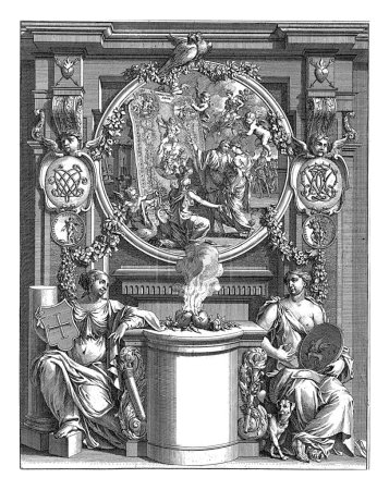 Téléchargez les photos : Allégorie de l'union matrimoniale entre Jacob van Oosterwyck et Anna Bruyn, Jan Goeree, 1708 Au milieu un autel à deux cœurs brûlants avec les initiales O et B. - en image libre de droit
