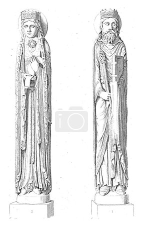 Photo for Sculptures of Clothilde and Clovis I from Notre-Dame de Corbeil, Jacopo Bernardi, after Ernest Antoine Auguste Hebert, 1818 - 1848, vintage engraved. - Royalty Free Image