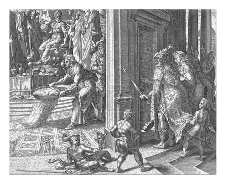 Téléchargez les photos : Daniel disperse des cendres sur le sol du temple, Philips Galle, d'après Maarten van Heemskerck, 1601 - 1633 Pour prouver que ce n'est pas l'image du dieu Bel qui mange la nourriture. - en image libre de droit