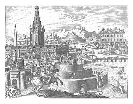 Téléchargez les photos : Murs de Babylone, Philips Galle, d'après Maarten van Heemskerck, 1572 Les murs de Babylone, construits en cercles. À gauche se trouve un grand bâtiment avec une tour. Au premier plan Reine Semiramis - en image libre de droit